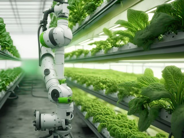 Robotic Arm Harvests Lettuce in Vertical Hydroponic System with Automated Farming Technology. Photo AI